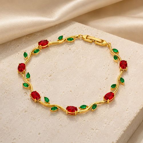 Women’s Vine Branch Bracelet with Red Oval Stones and Green Leaf-Shaped Stones – Gold Color