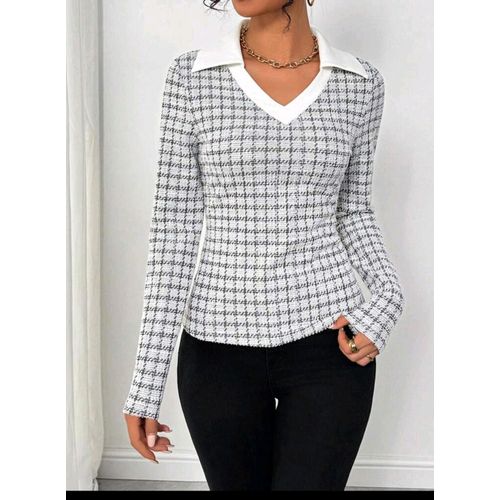 Elegant Plaid V-Neck Long Sleeve Women TOP BLOUSE