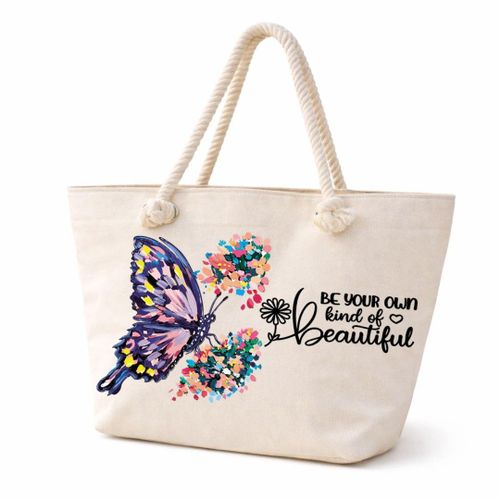 Butterfly Motivational Beach Tote Bag for Women - Heavy Cotton Fabric - Gold Zipper - Inner Pocket - Lined Interior - Shoulder Bag for Beach Travel Work - 47 37 cm