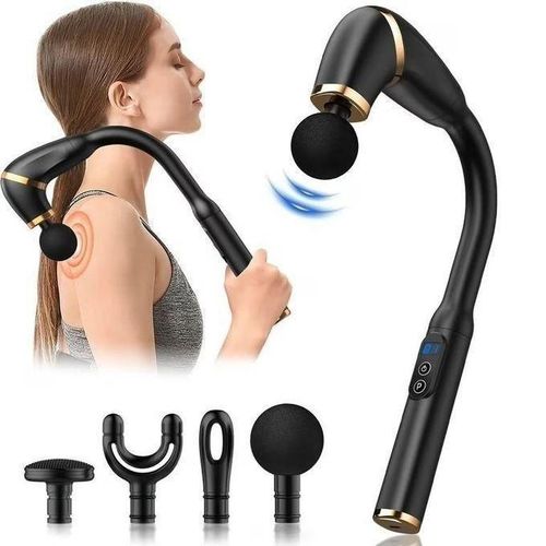 U-shaped deep tissue massage gun with extension handle, featuring 4 interchangeable heads, 6 adjustable speed levels, and an LED touchscreen for muscle relief and recovery (Black)