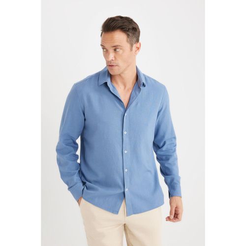 Regular Fit Polo Neck Linen Long Sleeve Shirt