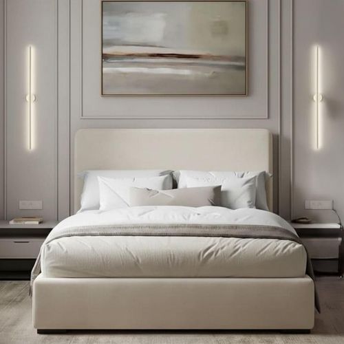 Modern Upholstered Bed (120 cm) – Premium Velvet Beige Bed Frame with Muski Wood Slats
