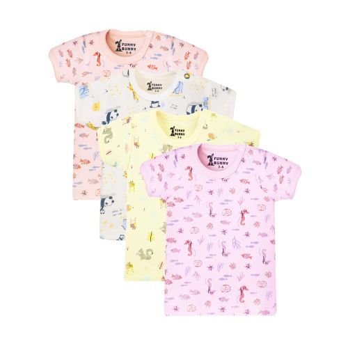 Funny Bunny Pack of 4 Cotton Short Sleeve Undershirt for Baby Girl (Printed Colors)
