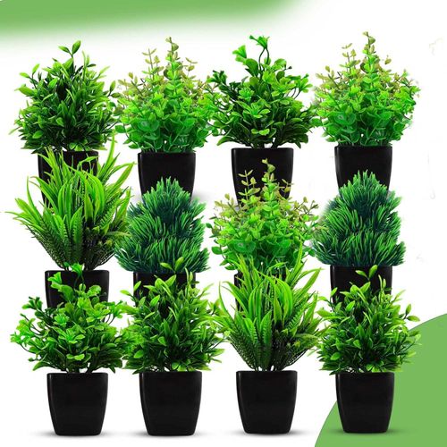 Small Potted Faux Plant, Pack of 12 Artificial Plant with Pot, Plastic Green Fake Plants, Indoor Plants, Gift Item, Living Room Decoration, Balcony Decration, Office Decor