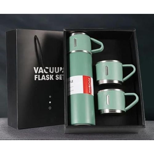 Vacuum Flask Set with 3 Tumblers, Fully Stainless Steel Inside and Outside, Retains Heat, Fits Any Hot or Cold Beverages, Useful for Travel and Dating, Comes in Elegant Gift Box, Olive Green