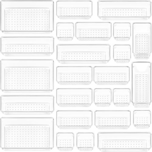 25 PCS Clear Plastic Drawer Organizers Set, 4-Size Versatile Bathroom and Vanity Drawer Organizer Trays, Storage Bins for Makeup, Bedroom, Kitchen Gadgets Utensils and Office