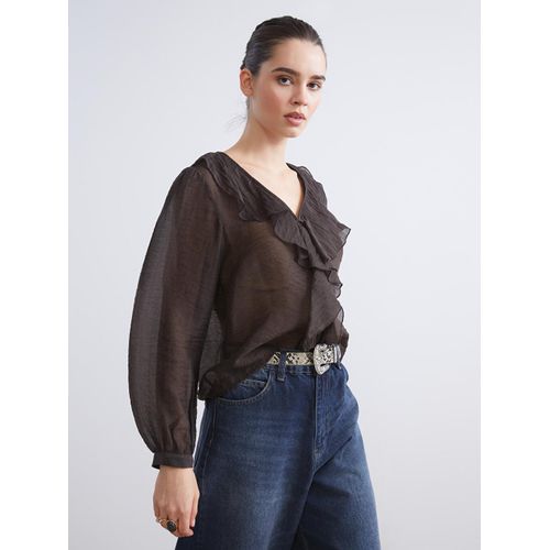 V Neck Frilled Chiffon Blouse