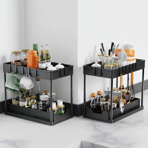 Multipurpose Under Sink Organizer Metal Construction with Movable Plastic Shelves Outdoor Pull Out Drawer for Kitchen Bathroom Organization OM