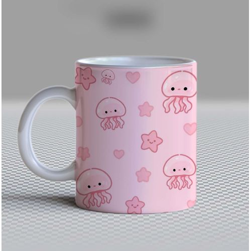 Cute Jellyfish Mug - Kawaii Ceramic Coffee Cup, 11 oz - Pastel Pink All-Over Pattern of Smiling Jellyfish, Starfish, and Hearts, Aesthetic Sea Animal Gift for Girls, Women, and Ocean Lovers, Desk Decor