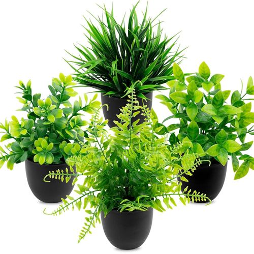 4 Pack Mini Artificial Plants Fake Potted Plants for Home Office Bathroom Shelf Desk Decor, Small Faux Greenery with Black Pots, Assorted Faux Grass & Leaf Plants for Indoor Aesthetic Decoration