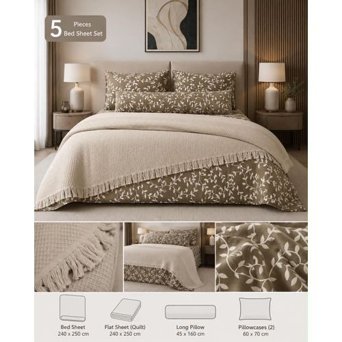 Complete bed set (Pique summer blanket 240*250) + (Patterned cotton sheet 240*250) + (2 pillowcases 60*70) + (Large pillow 45*160) (Comes inside an elegant box, suitable for gifts)