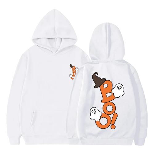Halloween Ghost BOO Graphic Pullover Hoodie, White Cotton Blend, Long Sleeve