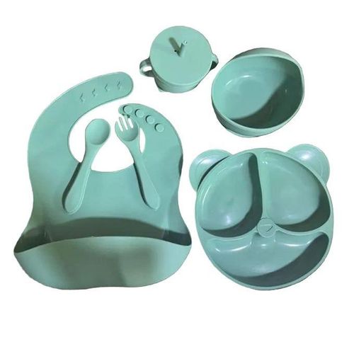 5-Piece BPA-Free Silicone Baby Feeding Set with Divided Plate, Bib and Lidded Cup – Mint Green