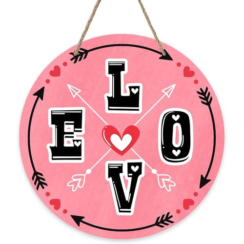 Valentines Day Love Pink Front Door Sign, Heart Arrow Wood Door Hanger Outdoor Outside Porch Decor, Anniversary Wedding Wooden Wreath Indoor Wall Hanging Decoration