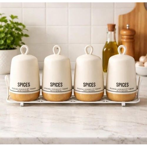 Modern Black & White Ceramic Spice Set with Metal Stand