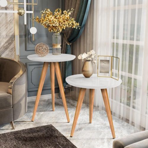 Set of 2 Side Tables MDF - White - Height 45/50 - TW-010-W.2