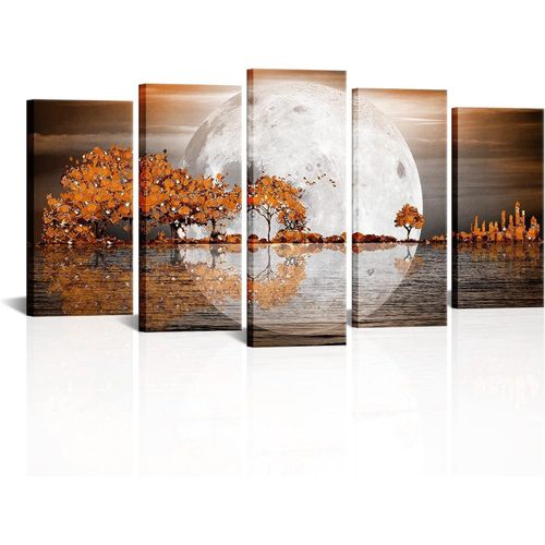 Kalormore Large 5 Pieces Landscape Canvas Wall Art Orange Fall Flower Trees Full Moon Seascape Pictures Prints Artwork for Home Living Room Bedroom Wall Decoration