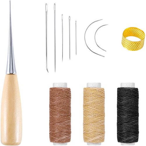 Leather Sewing Needles 12 Pieces, Leather Needles Hand Leather Tool Sewing Needles, Waxed Sewing Thread Sewing Set, Curved Upholstery Needles with Drilling Awl, Waxed Thread, Sewing Needles Thimble