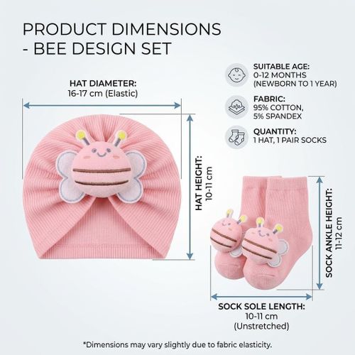 Baby Girl Cotton Turban Hat and Socks Set, Newborn 95% Cotton, 5% Spandex, 0-12 Months, Elastic Fit, Multiple Designs, 1 Hat & 1 Pair Socks