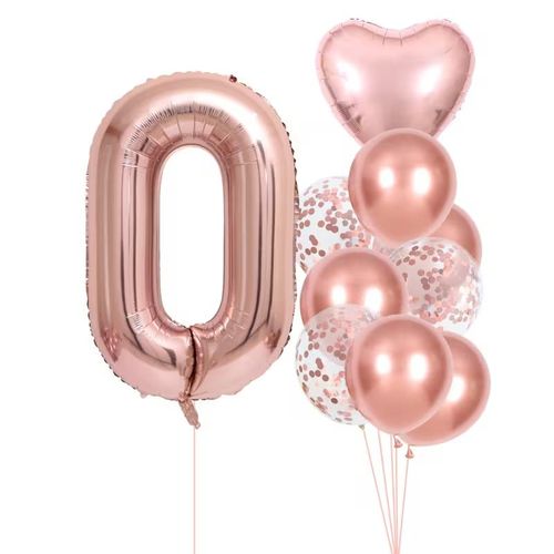 10 Pieces Rose Gold Number Balloon Decoration Set, 32 Inch Foil Number Balloon (Choose 0-9), 5 Metallic Latex Balloons, 3 Confetti Balloons, 1 Heart Foil Balloon, Birthday Party & Celebration Decorations
