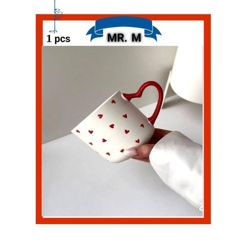 مج قهوة بورسلين على شكل قلب بمقبض قلب مزين برسومات قلوب صغيرة