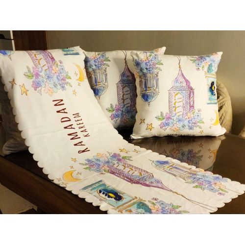 Table Runner with Cushion Set – 3 Pieces – Turkish Velvet – Digital Print