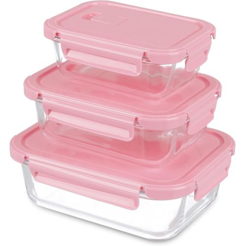 Food Container Set, 3 Pieces, Tempered Glass with Plastic Cover - Pink