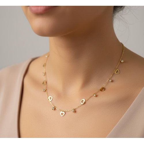 stainless steel necklace with heart-shaped charms and zirconia accents.