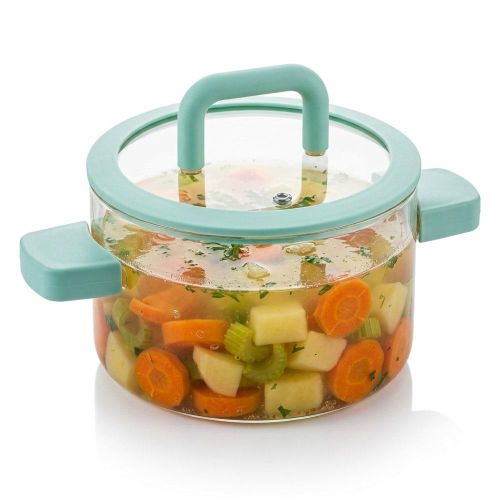 Borosilicate glass cooking pot with lid and mint green silicone handles, transparent cookware for kitchen and home