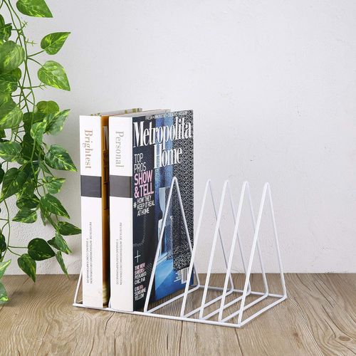 Book Stand, Magazine Rack Book Record Holder, File Organizer Magazine Rack, Metal Desktop Book Shelf Book Stand, Triangle Iron Book Rack for Office Home Decor (Upgraded, White)