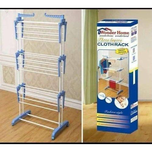 3-Tier Heavy Duty Foldable Clothes Drying Rack with Wheels & Side Hanger Wings Blue & White