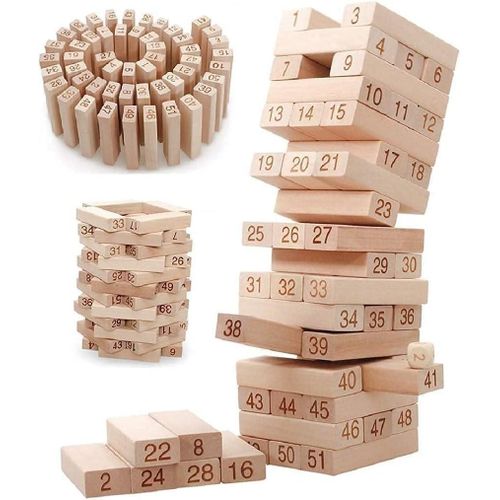 Kids Time High Stack Wooden Block Game - 54 Pieces Classic Numbered Tower Game for Kids, 1 or More Players