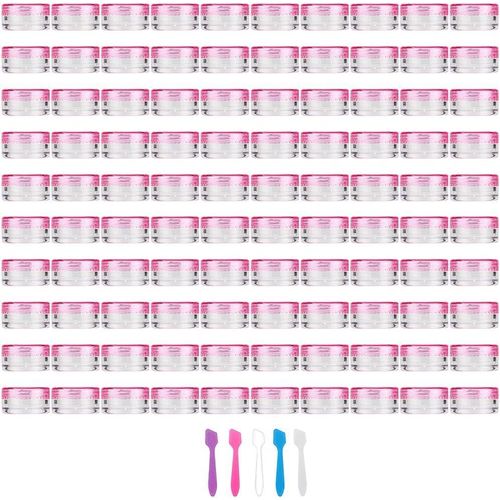 100 Pieces 3g Empty Sample Containers with Pink Lids Cosmetic Jars with 5 Pieces Mini Spatulas