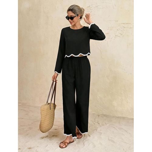 2pcs Women's Elegant Contrast Color Lace Trim Long SleeveTop Wide Leg Pants Set Black And White