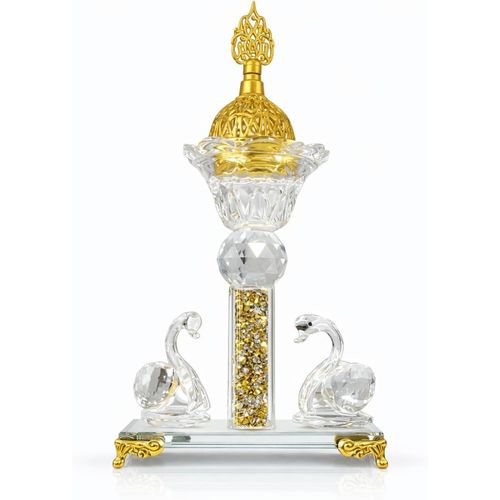 Luxury Crystal Decor with Gold Motifs, Islamic Design with Embossed Dome and Crystal Swans, 15x12cm, Glass Base with Gold Legs
