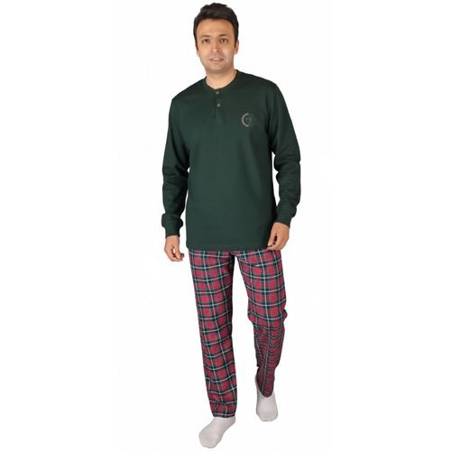 طقم بيجامة شتوي للرجال بأكمام طويلة وقاع كاروه - زيتي