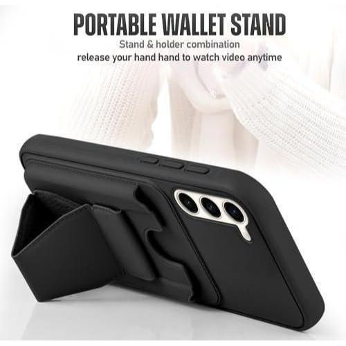 Shockproof leather protective case with a leather back pocket for card storage and a built-in stand. Made of PU leather for a stylish look and comfortable grip. Compatible with Mobile Samsung A36 Color: Black