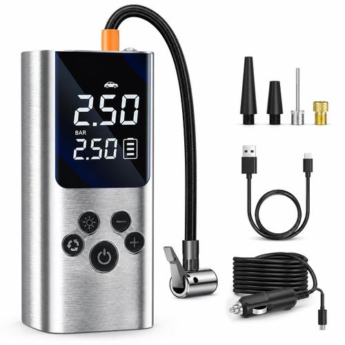 150 PSI Rechargeable Digital Portable Car Tire Inflator with Display and Auto Shut-Off, Air Compressor for Cars, Bikes, and Balls with LED Light, Type-C Charging, and 12V Cable
