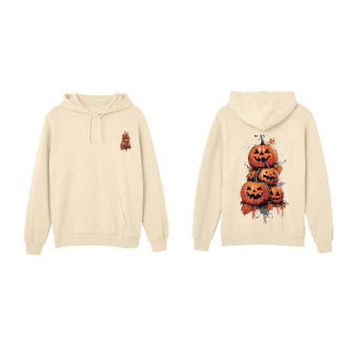 Halloween Pumpkin Graphic Hoodie, Beige Cotton Pullover Sweatshirt with Front Pocket, Spooky Jack O'Lantern Print