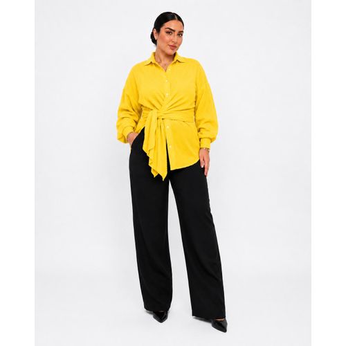 Women's French Linen Long-Sleeve Blouse with Waist Tie – One Size-Yellow