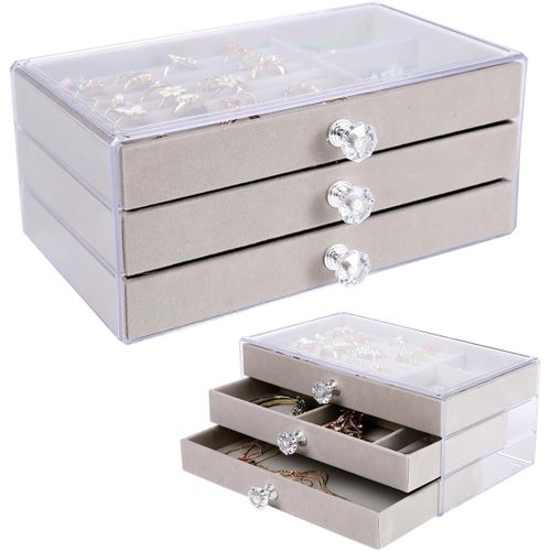 منظم اقراط من مستوركسين مع 3 ادراج، صندوق منظم مجوهرات اكريليك مع صواني مخملية، صندوق منظم اقراط اذن شفاف قابل للتكديس للنساء، منظم مجوهرات متعدد الالوان للخواتم والاساور والقلائد