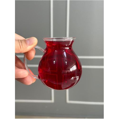 6-Piece Turkish Glass Tea Cup Set, Heat Resistant Glass Cups up to 150°C, 250ml Capacity, Elegant Clear Tea Glasses with Comfortable Handle for Tea, Coffee, Herbal Drinks, Hot and Cold Beverages, Home and Office
