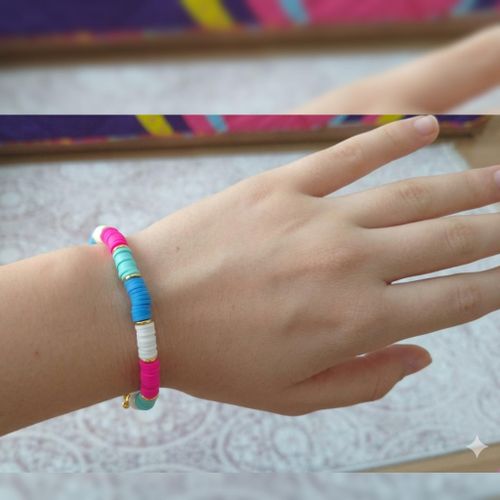 Fucshia Clay Disc Bracelet with Gold Spacers