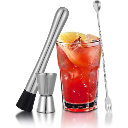 Muddler For Cocktails, 8 inch Stainless Steel Cocktail Muddler With Cocktail Spoon and Jigger 0.5/1 OZ For Create Delicious Mojitos and Other Fruit Based Drinks, Home Bar Tool Set