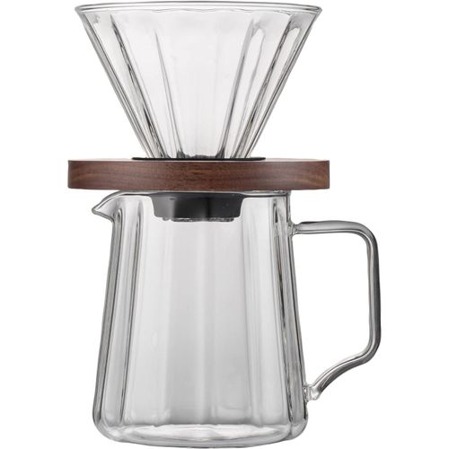 Pour Over Coffee Maker-V60 Glass Coffee Dripper With Walnut Pedestal and 600ml Coffee Server, Coffee Pour Over Set f (Borosilicate Glass, 1-4 Cups) (A)