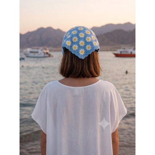 Handmade Crochet Granny Square Daisy Bandana for Women Floral with Tie Closure - Light Blue