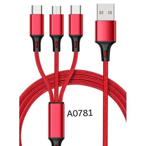 3-in-1 Charging Cable Compatible with iPhone and Android, Type-C to Lightning and Micro USB, Braided Nylon, Fast Charging, Red, 1 Meter