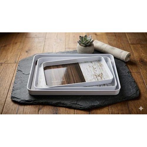 Set of 3 rectangular serving trays with elegant wooden design. Serving tray for the kitchen, travel, coffee and tea. Lightweight and easy to clean