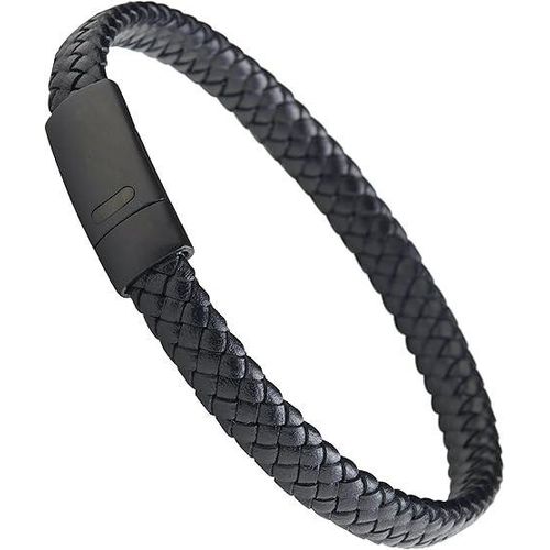 Men's Genuine Interwoven Leather Braided Bracelet with Matte Black Custom Engraved Stainless Steel Clasp “Hanover” Artist Collaboration Design Refined Hand-Crafted Jewelry,
