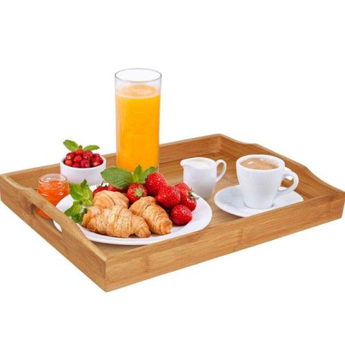 Premium Rectangular Wooden Serving Tray Made of Natural Bamboo with Cutout Handles for Coffee Tea Dinner and Countertop Home Decor Organizer